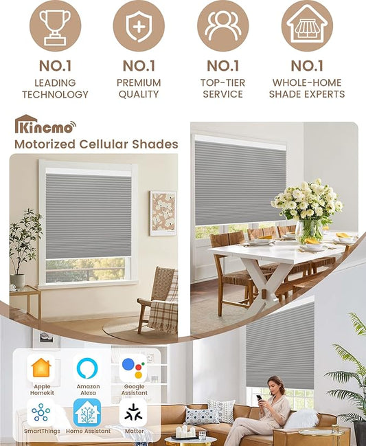 Kincmo Motorized Cellular Shades, Custom Motorized Blinds with Remote, Cordless Smart Electric Honeycomb Blinds Work with Apple HomeKit, Alexa, Google (100%-Blackout-Double-Cell Grey)