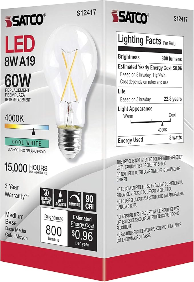 Satco Dimmable LED Filament A19 Light Bulbs, 8 Watt, 800 Lumens, 4000K Cool White, 90+ CRI, Clear Finish, E26 Medium Base, 120 Volt, Dimmable, Wet Location, Residential & Commercial, 6 Pack