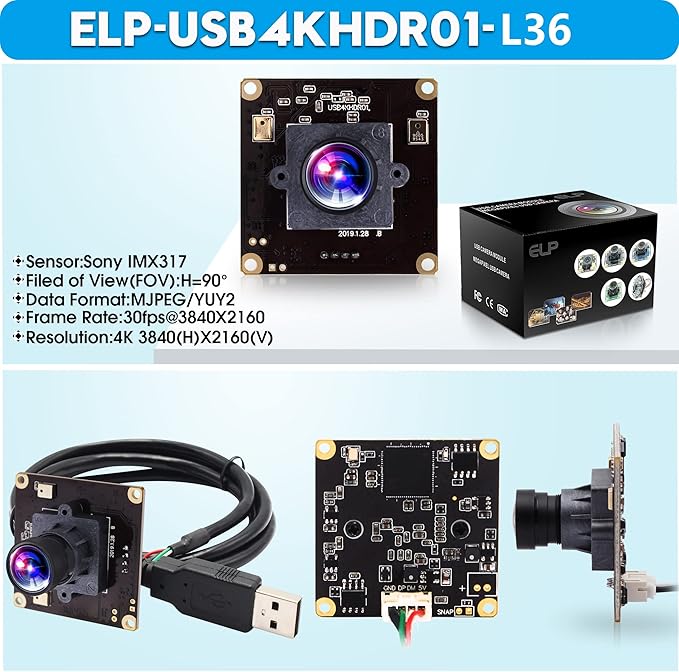 ELP 4K USB Camera for Computer & Rasp Pi - Dual Microphone, IMX317 Sensor, 8MP USB Security Camera