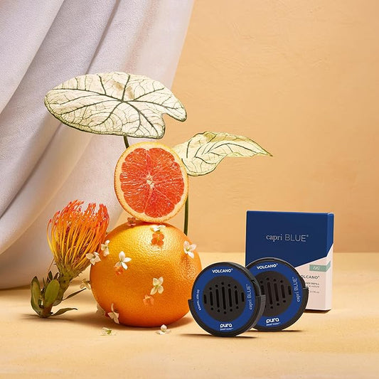 Capri Blue Pura Car Diffuser Refills - Includes 2 Car Air Freshener Pura Scent Diffusers - Long Lasting Air Freshener - Refills Only - Notes of Sugared Citrus & Tropical Fruits (Volcano, 2 Pack)