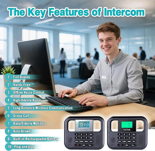 Wireless Intercoms for Home & Office, Two-Way Real-time Full-Duplex Voice System with Offline Voice Control & Monitor Function, Clear Sound, Up to 800 Meters (1/2 Mile) Range (UT-001-1F2P)