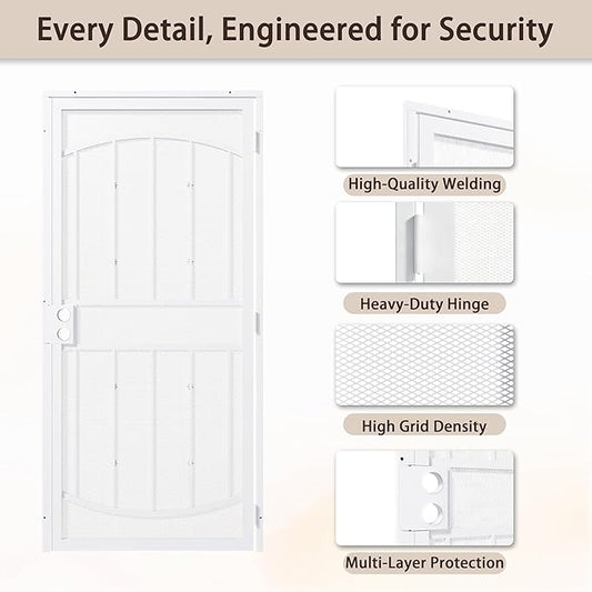 JUBEST 32" x 80" Steel Security Door, Universal/Reversible Outswing Security Screen Door, White Powder-Coated Surface Mount Frame with Expanded Metal Screen, Rust-Resistant, No Handles Included
