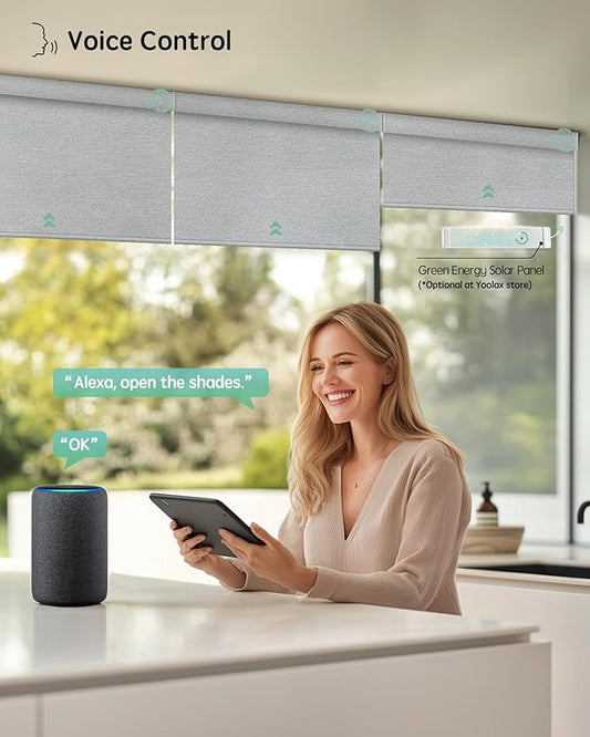 Yoolax Motorized Blinds with Remote, Designer Smart Blinds Work with Alexa, Google, Apple Homekit, 100% Blackout Motorized Shades Custom Electric Shades Voice Control (V-Shimmer Light Jade)