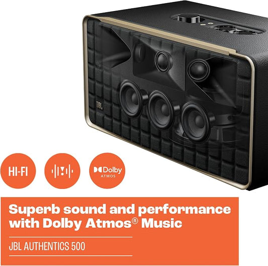 JBL Authentics 500 - Smart Home Speaker - Black | Superb sound and performance with Dolby Atmos Music, Inspired by retro design, Music streaming services via built-in Wi-Fi
