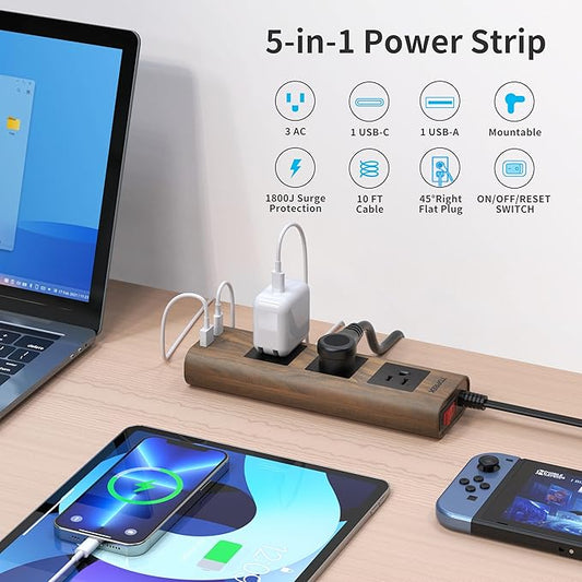 TOPREK Power Strip Surge Protector (1800J), 10 FT Flat Extension Cord with Ultra Thin Flat Plug, 3 Widely-Spaced Outlets with 1 USB-C & 1 USB-A, Wood Finish USB Charging Station for Home, Office, Dorm
