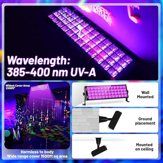 YQNLIFA 120W Waterproof LED Black Lights, 4 Pack Black Light Bar with 10Ft Cable and On/Off Switch, IP66 Indoor/Outdoor Blacklight for Neon Glow Party, Body Paint, Fluorescent Reactive, Back Yard