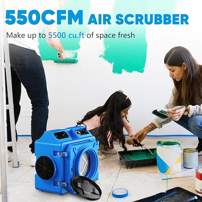 Air Scrubber with 3 Stage Filtration, 550CFM Stackable Negative Air Machine for Industrial and Commercial Use, Heavy Duty Air Cleaner with HEPA/Activated carbon Filter, Light Blue-2PC