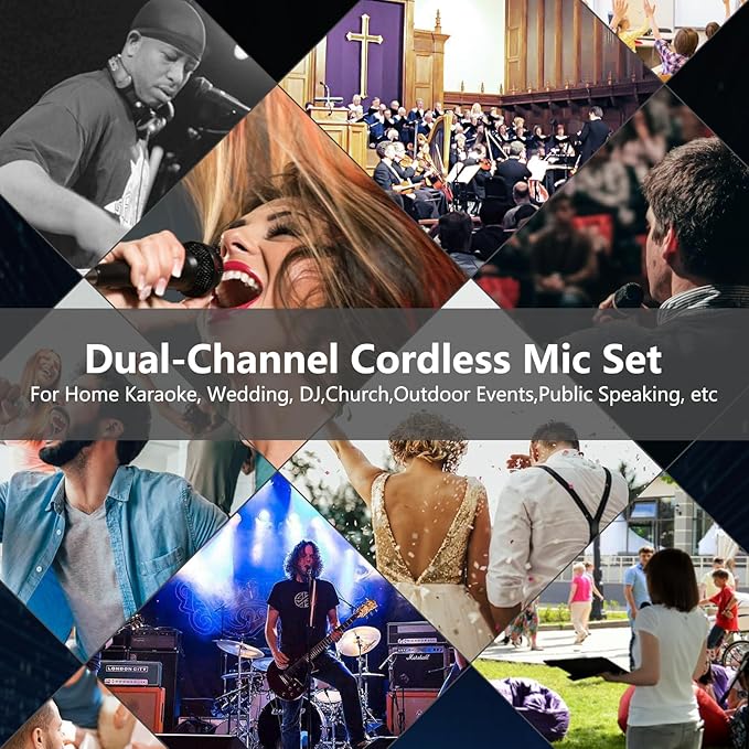 Wireless Microphone System, Metal Dual Pro UHF Cordless Dynamic Mic, 2x30 Adjustable Frequencies, Handheld Microphone System for Home Karaoke, Meeting, Church, 300ft Range (2 Handheld)