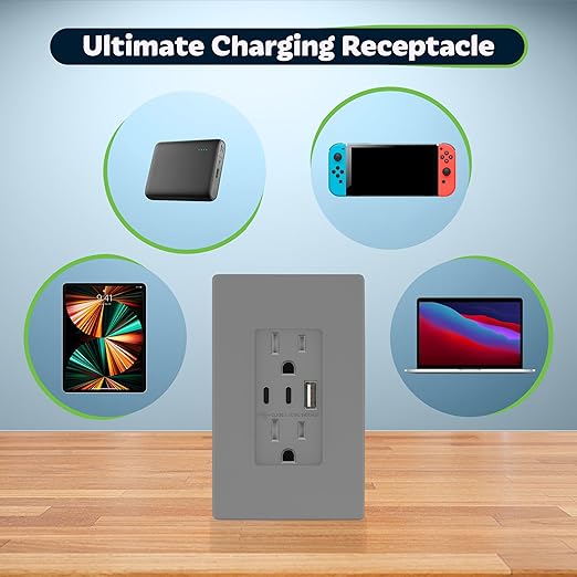 TOPGREENER 4.2A 3-Port Type C USB Outlet, 15 Amp Receptacle Plug, Charging Power Outlet with Dual Type C&A Ports, Screwless Wall Plate Included, UL Listed, TU21542AC2-GYSID, Gray, 2 Pack