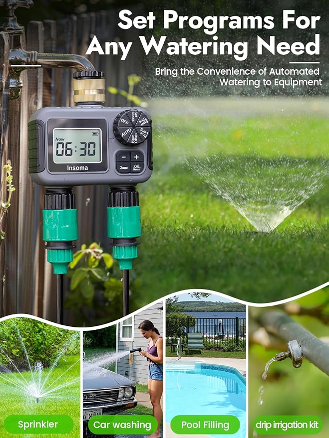 Insoma 2-Zone Water Timer for Garden Hose, Brass Inlet Sprinkler Timer | 2 Independent Zones, Auto/Manual/Rain Delay Modes, IP55 Waterproof Hose Timer, Easy Programmable Schedules for Lawn/Yard