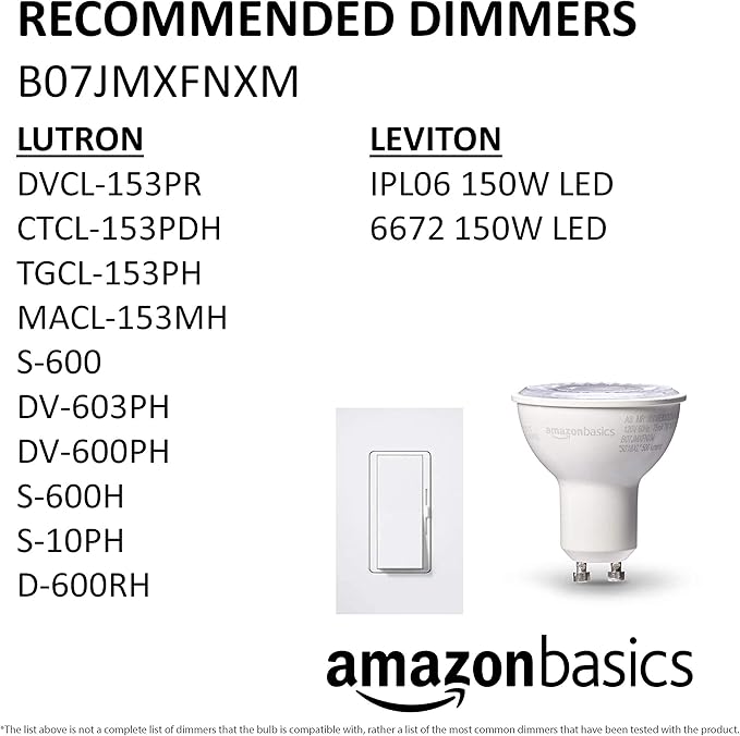 Amazon Basics MR16 LED Light Bulb, 50W Equivalent, Energy Efficient 7W, GU10 Base, Warm White 3000K, Dimmable, 10,000 Hour Lifetime, 6-Pack