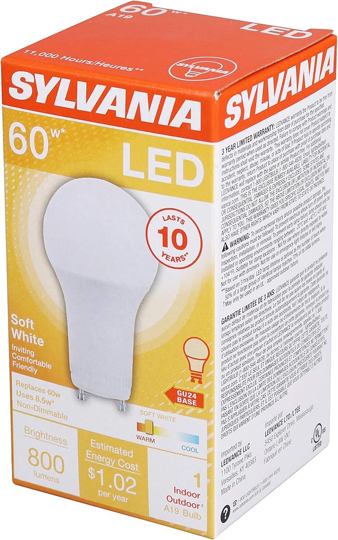 Sylvania A19 LED Light Bulb, 8.5W, 60W Equivalent, 10 Year, Non-Dimmable, 800 Lumens, 2700K, Soft White - 1 Pack (78106)