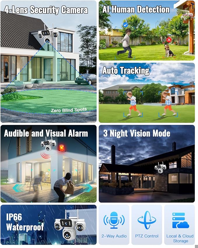 4-in-1 Wireless Outdoor Security Camera, Quad-View PTZ with 8MP HD, 16X Zoom, AI Human/Pet Detection, Color Night Vision, IP66 Weatherproof, 2-Way Audio, Dual Storage for Home Security