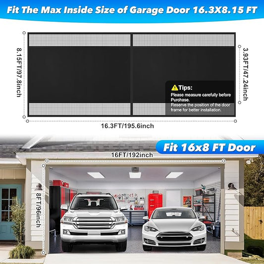 Privacy Garage Door Screen Blackout for 2 Car Garage-16x8FT Magnetic Garage Screen, 9.6LB Heavy Duty Thicker 265g/㎡ Mesh, Hands Free, Magnetic Privacy Garage Screen Door(Black, 16 * 8FT)