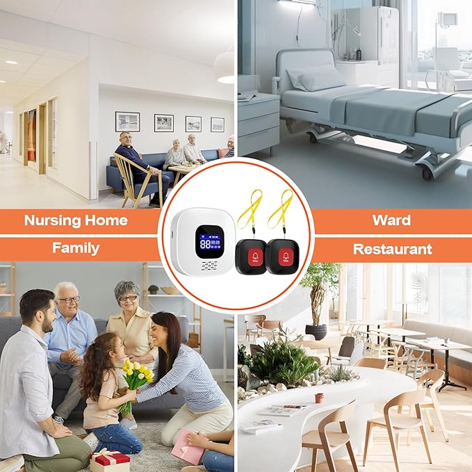 WiFi Caregiver Pager with No Monthly Fee - Smart Call System with LED Display & App Alerts, 2 SOS Panic Buttons & 1 Receiver, Emergency Alert for Elderly Home Care (2.4GHz WiFi Only)