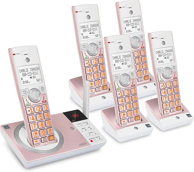 AT&T CL82557 DECT 6.0 5-Handset Cordless Phone for Home with Answering Machine, Call Blocking, Caller ID Announcer, Intercom and Long Range, Rose Gold