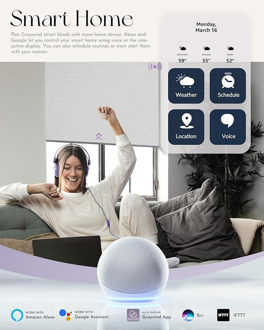Graywind Motorized Roller Shade Compatible with Alexa Google 100% Blackout Rechargeable Smart Blinds Remote Control Battery Motor Cordless Window Shades, Customized Size (Pure White)