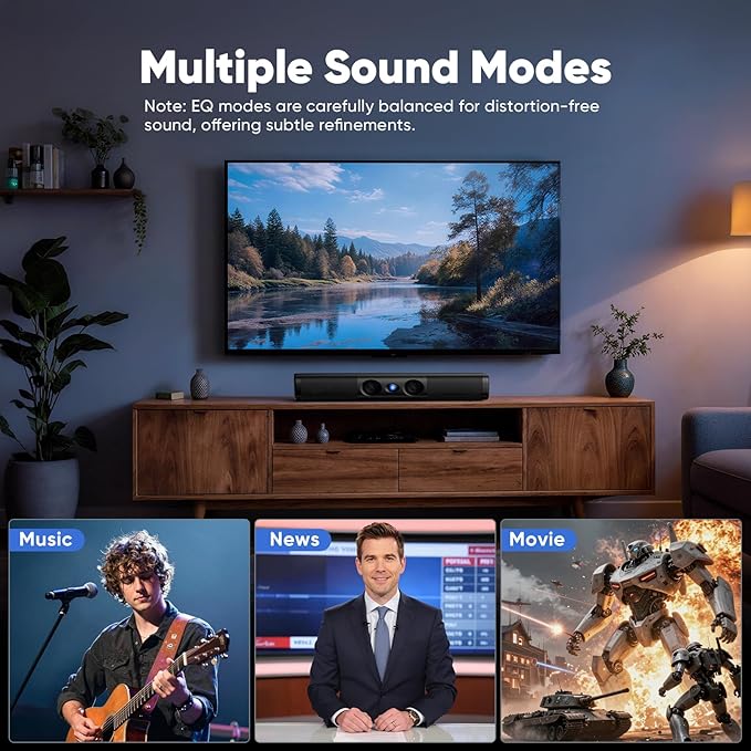 Sound Bar for Smart TV with Deep Bass & Crystal Dialogue – 60W 2.0 Channel Soundbar, Dual Woofers & Silk Dome Tweeter, Bluetooth 5.3, ARC/Optical/AUX, 17-Inch Wall Mountable for PC Projector Gaming