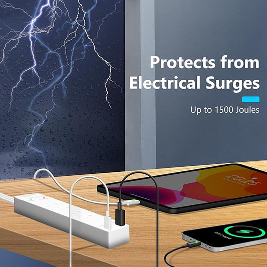 LIDER PD 36W Surge Protected Outlet Extender with 4-Outlet Power Strip, 1 USB Type-A, and 1 Type-C Port, 5ft, Up to 1500J, LED Indicator, ON/Off Switch, Flat-Plug, 45-Degree Angle, UL-Listed, White
