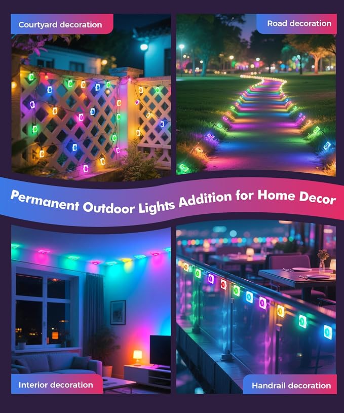 POOFZY Permanent Outdoor Lights for House,200ft RGB+IC Smart Outdoor Decor, 50 Scene Modes,App/Remote Control,IP67 Waterproof,for Christmas,Easter,V-Day,Thanksgiving,Daily & Holiday Party Decor