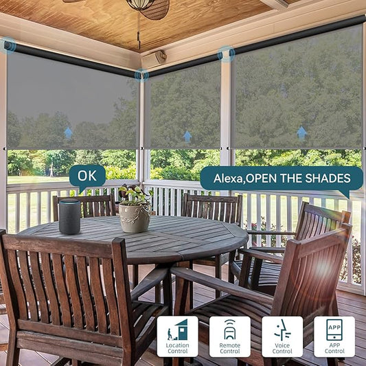 Motorized Outdoor Roller Shades,Patio Roll Up Blind Work with Alexa,Google Home,Apple Homekit,Remote Control Sun Shade,Waterproof &Windproof Smart Blinds for Porch,Sirus Light Gray,5% Openness