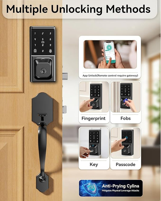 Smart Door Lock with Handle Set, Keyless Entry Door Lock for Front Door, Fingerprint, APP Control, Touchscreen Keypad Deadbolt, Temporary Passcode, Auto Lock, IP54 Waterproof, Easy Install