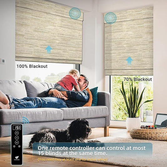SmartWings Motorized Wood Blinds Smart Wooven Shades Blackout/Light fitlering for Windows, with Remote for Bedroom Living Room, Work with Matter Zigbee Alexa Z-Wave Google Home, Customized, Kenaf 010