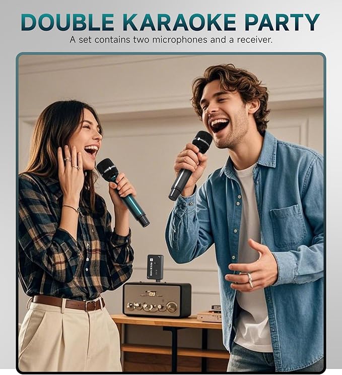 Wireless Microphones, Professional Dual Wireless Microphone with 240 ft Effective Range, 3ms Transmission Rate, Studio Grade Sound Pick Up Mic Head, Metal Body, Microphone for Singing, Speech