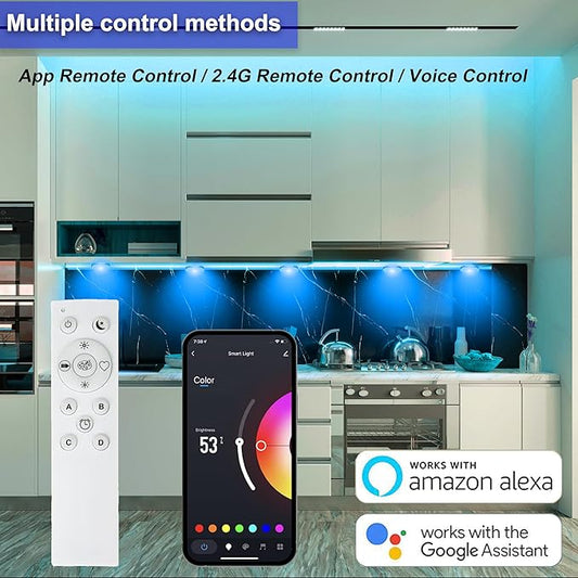 6 PCS Aluminum Round WiFi RGB Under Cabinet Lights Kit,Compatible with Alexa,Google Assistant,App and 2.4G RF Remote,Music Sync LED Light with Timmer Dimmable Under Counter Lights for Kitchen Bedroom