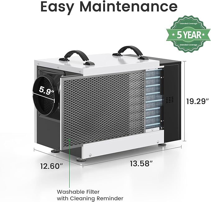 Waykar 125 Pint Crawl Space Dehumidifier with Drain Hose for Commercial, Basements, and Industry Water Damage Unit for Spaces up to 6500 Square Feet, Smart Humidity Control - 5-Year Quality Coverage