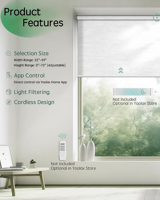Yoolax Motorized Shades App Control, Light Filtering Automatic Blinds for Indoor Windows, Electric Roller Shades for Bedroom Living Room Office (Soft Jacquard White, 48" W x 72" H)