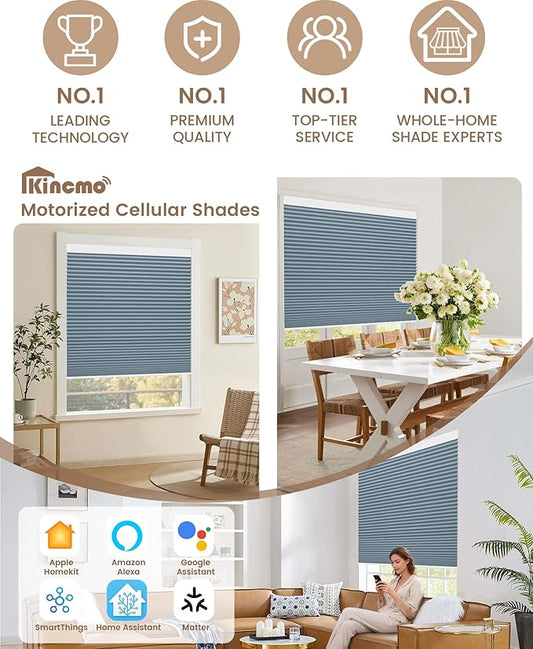 Kincmo Motorized Cellular Shades, Custom Motorized Blinds with Remote, Cordless Smart Electric Honeycomb Blinds Work with Apple HomeKit, Alexa, Google (100%-Blackout-Single-Cell Blue)