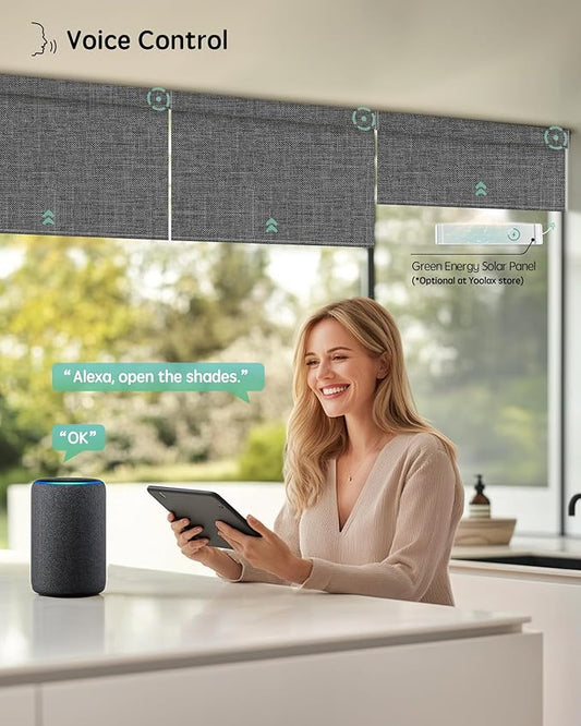 Yoolax Motorized Blinds with Remote, 100% Blackout Smart Blinds Work with Alexa, Google, Apple Homekit, Motorized Shades for Bedroom, Custom Electric Shades Voice Control (Fabric Dark Gray)