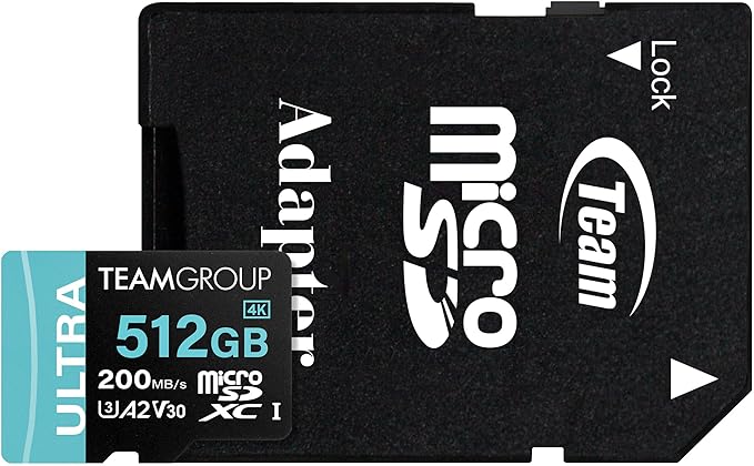 TEAMGROUP A2 Ultra Card 512GB MicroSDXC UHS-I U3 A2 V30, R/W up to 200/170MB/s for Nintendo Switch 1, Steam Deck, Gaming Devices, Tablets, Smartphones, 4K Shooting, with Adapter TULMSDX512GIA2V3022503