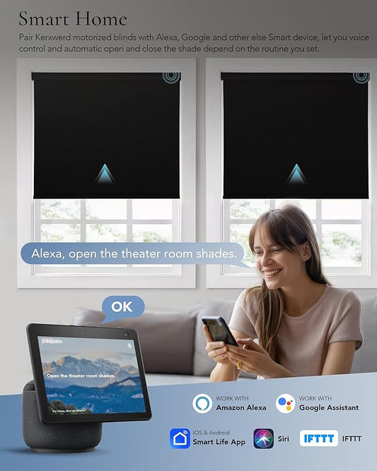 Motorized Blinds Compatible with Alexa Google 100% Blackout Smart Blind Automatic Window Roller Shades Remote Control Custom Size Double-Sided Fabric Black