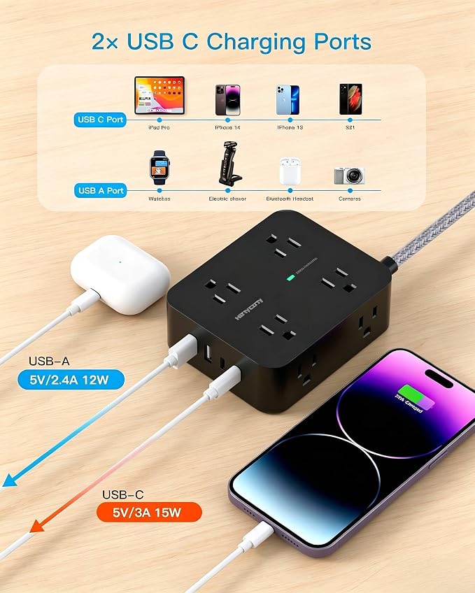 Power Strip Surge Protector, 5 Ft Flat Extension Cord with Multiple Outlets