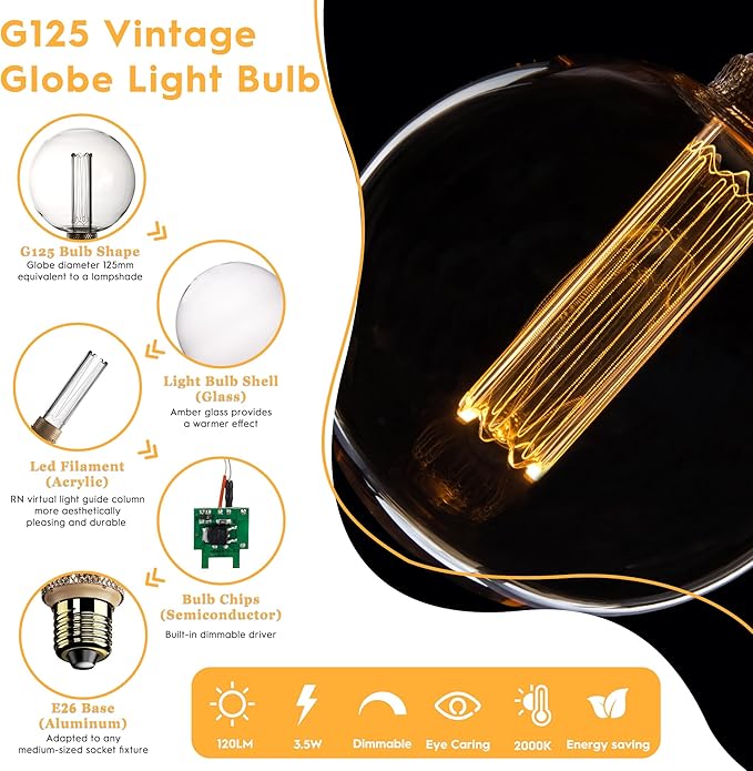 Large Globe Light Bulb, Vintage Edison Dimmable LED Bulb, 3.5W Low Lumen Eye-Caring Soft Dim Lighting for Mood(Not Daylight White), E26 Medium Base, Giant Round Glass Cover Clear RN G125