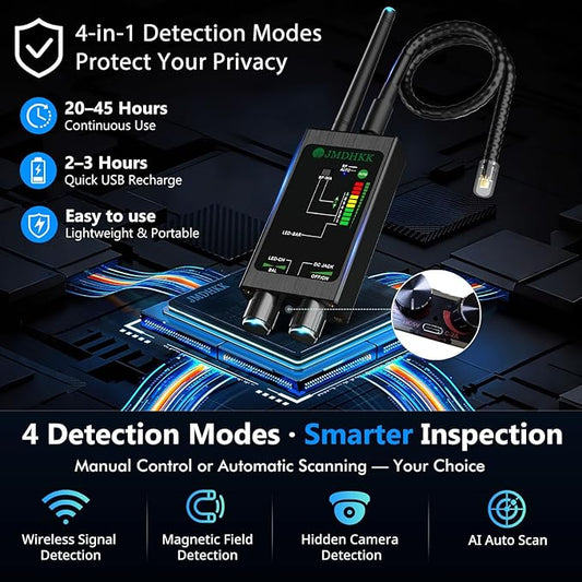 JMDHKK M8000 Hidden Camera Detector, Camera Finder,Bug Detector, Magnetic Tracker Detector, Portable Privacy Protection Device for Travel, Hotels, Vehicles, Offices, and Fitting Rooms (Black)