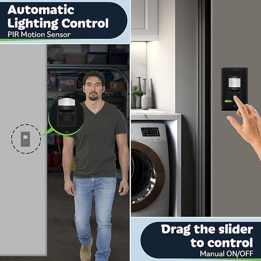 TOPGREENER in Wall PIR Motion Sensor Light Switch, Occupancy Sensor Switch, 𝐍𝐞𝐮𝐭𝐫𝐚𝐥 𝐖𝐢𝐫𝐞 𝐑𝐞𝐪𝐮𝐢𝐫𝐞𝐝, On/Off Override, 𝐒𝐢𝐧𝐠𝐥𝐞 𝐏𝐨𝐥𝐞, 4A, 500W, TSOS5-BKWP,Black