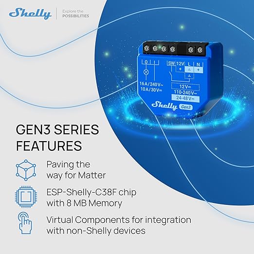 Shelly 1 Gen3, WiFi & Matter Smart Relay Switch with Dry Contacts, 1-Channel 16A, Alexa, Home Assistant, SmartThings & Google Home Compatible, DIY Smart Automation, Garage Door Opener, No hub required