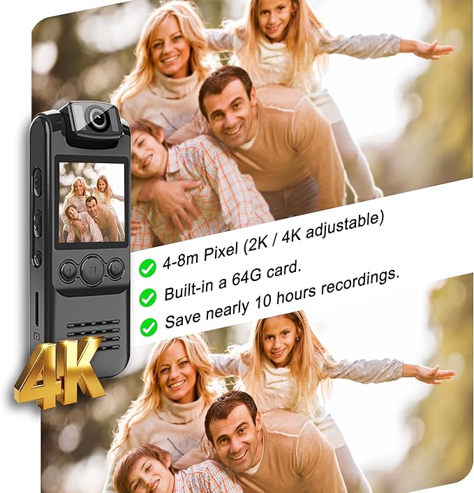 4K Body Camera with Audio and Video Recording, 64GB Mini Wearable Cam with Magnetic Lanyard, Body Worn Camera for Travel, Cycling, Work Security, Police Law Enforcement