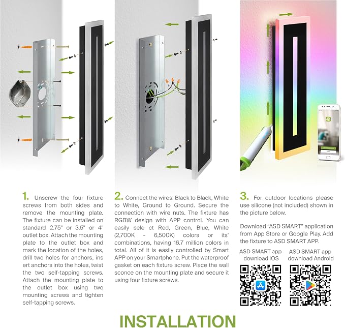 ASD LED 24" Long Wall Mount Light Fixture, Outdoor & Indoor Linear Sconce | RGBW, Smart, Waterproof, Anti-Rust, ETL Listed | 24W 1100LM 2700-6500K 100-277V | Exterior Porch Lighting | Black