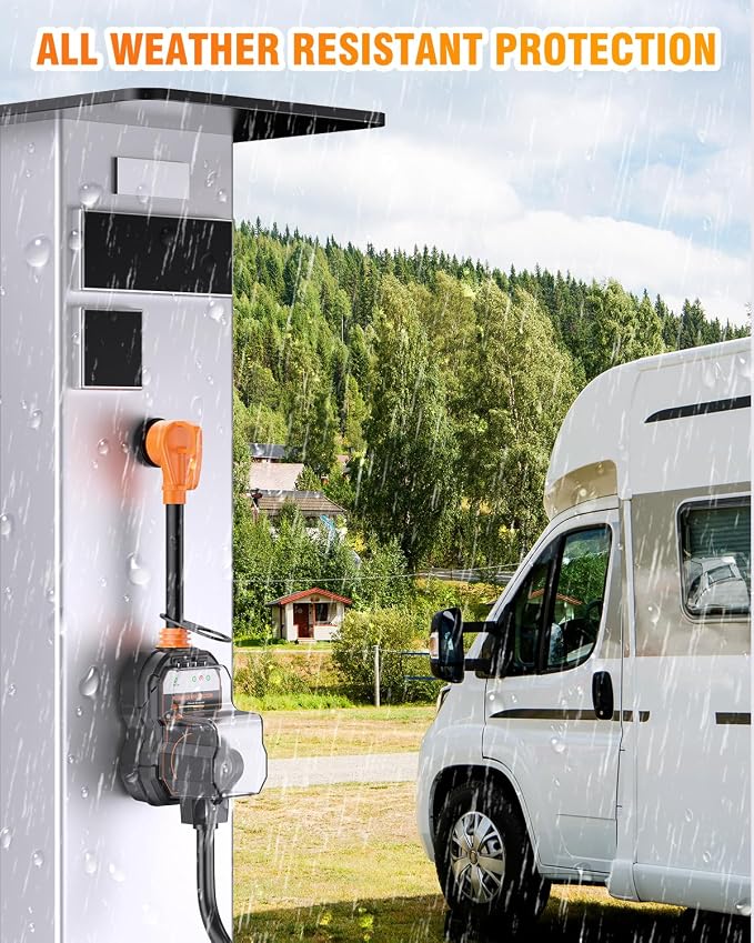 GEARGO ๐๐ญ๐ก-๐๐๐ง RV Surge Protectors 30 Amp, ๐๐๐ญ๐๐ฌ๐ญ RV Circuit Analyzer, IP68 Surge Voltage Protection, RV Adapter Plug for Camper (Orange)