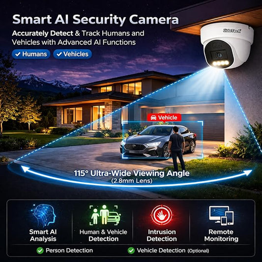 JideTech 4K PoE IP Camera Outdoor, UltraHD 8MP PoE Turret Security Cameras Indoor, 115° Wide Angle 2.8mm Lens, Human&Vehicle Detection, 98ft IR, Color Night Vision, 2-Way Audio, RTSP, for Onvif NVR