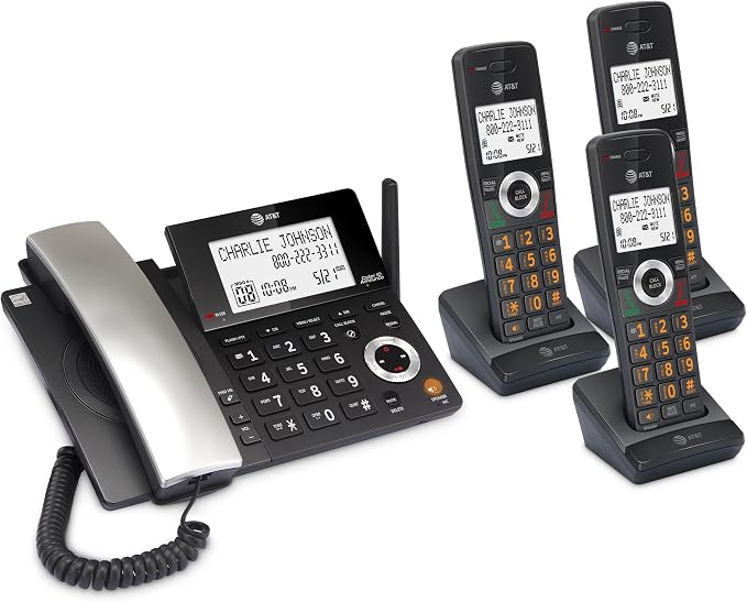 AT&T DECT 6.0 Corded/Cordless Phone, 3-Handset, Works During Power Outages, Smart Call Blocker, Answering Machine, Caller ID Announce | CL84318