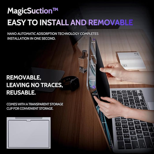 Peslv Privacy Screen for MacBook Air 15 Inch (2023-2026, M2, M3, M4, M5)- A3448 A3241 A3114 A2941, MagicSuction™ Removable Anti Spy Black Protector, Glare Blue Light Filter for Mac Laptop Computer