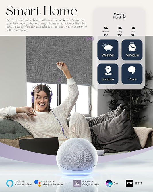 Graywind Smart Blackout Roller Shades Compatible with Alexa Google Textured Fabric Rechargeable Motorized Blinds Cordless Remote Control Window Shades, Custom Size (Weaving Cloud) (GW-QZYM-TH00)