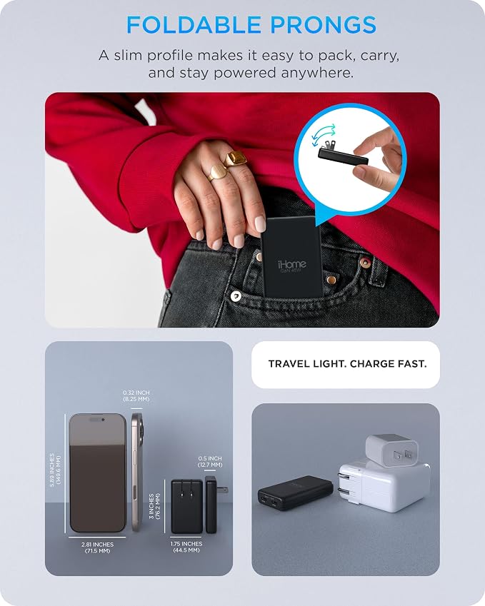 iHome GaN Universal Charger, USB C Block with Power Delivery, Folding Prongs, Travel Friendly, Compact for Phone, Tablet, and USB-C Devices (Black, 45W)