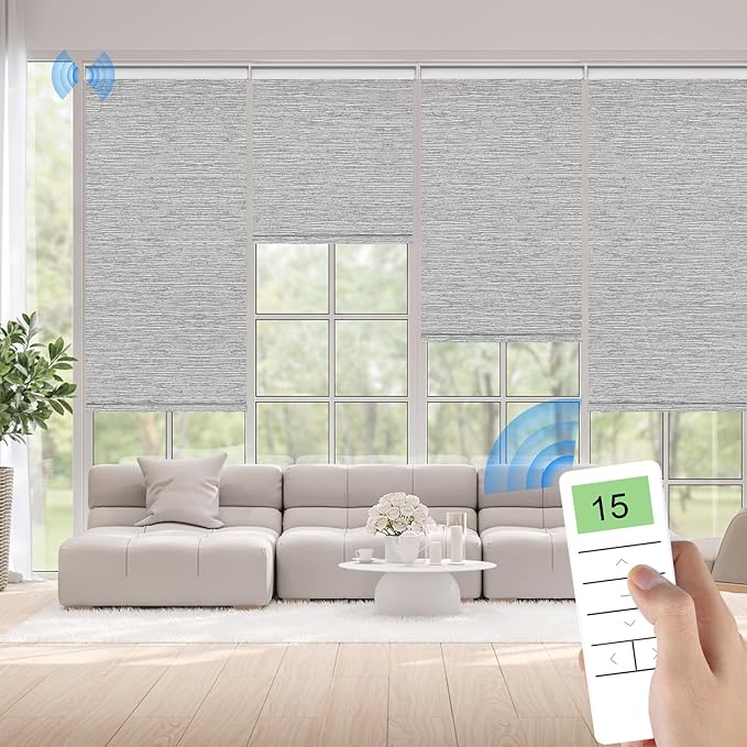 Motorized Blinds with Remote Control, Smart Blackout Automatic Blinds Work with Homekit Alexa Google Home, Rechargeable Electric Window Roller Shades with Valance, Customized Size (Texture Grey)
