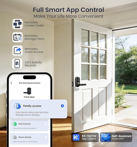 Veise VE019 Fingerprint Smart Lever Lock, App Control, Keyless Entry Door Lock with Handle, Touchscreen Keypad Knob for Front Door and Bedroom, Remote Access Sharing, IP55 Waterproof, Matte Black